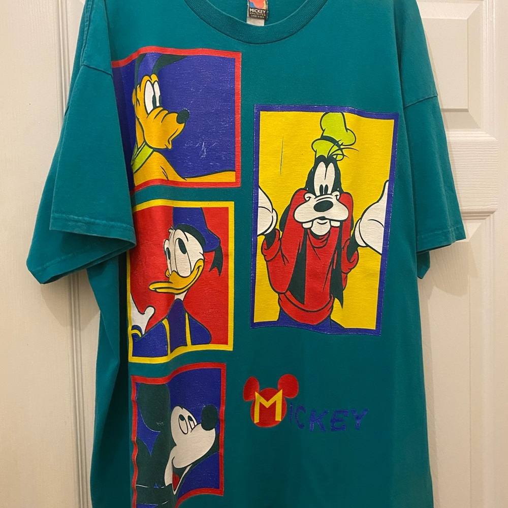 90’s Classic Disney Teal Graphic Tee with Mickey and Friends Large